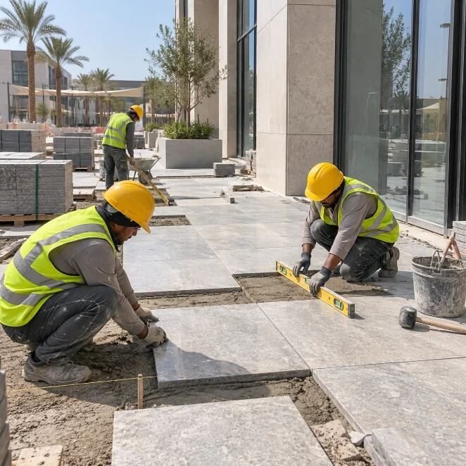 أرصفة خارجية — بلاطات حجرية موقّعة على المنسوب والاستقامة.