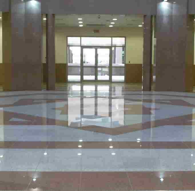 Entrance lobby floor in patterned marble.